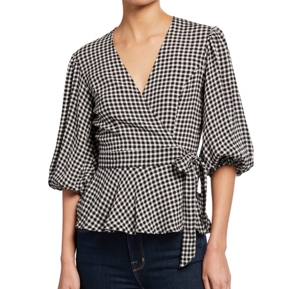 GANNI Gingham Puff-Sleeve Crepe Peplum 
Wrap Top